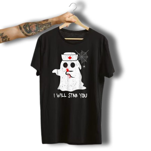 I Will Stab You Ghost Nurse Halloween Co Spiderweb Syringe T Shirt t shirt 1