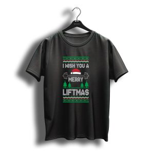 I Wish You A Merry Liftmas Santa Hat Barbell Christmas Trees Fitness Holiday T-Shirt