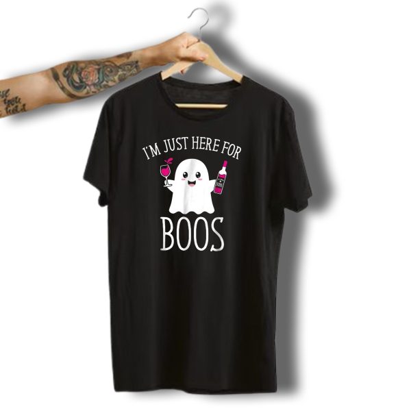 IM Just Here For Boos Cute Ghost Holding Wine Bottle And Glass Halloween Party T Shirt t shirt 1