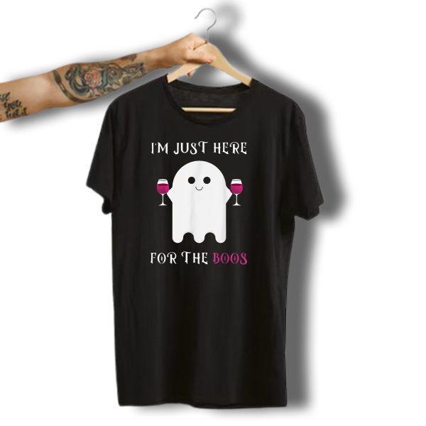 IM Just Here For The Boos Cute Ghost With Wine Glasses Halloween T Shirt t shirt 1