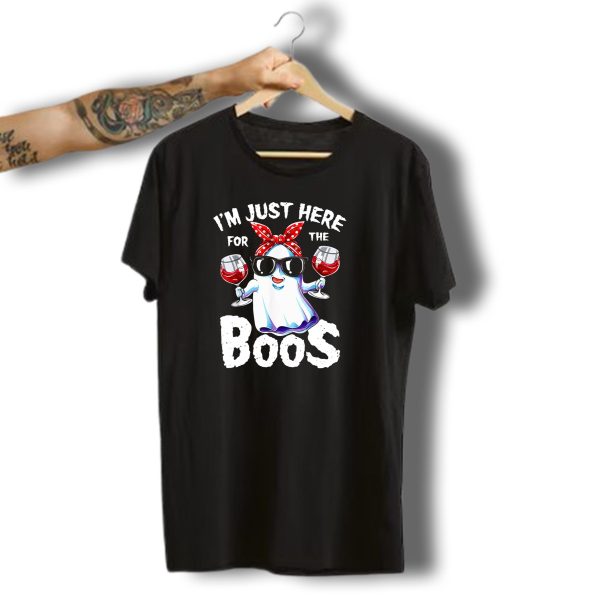 IM Just Here For The Boos Funny Halloween Women Ghost Holding Wine Glasses T Shirt t shirt 1 1