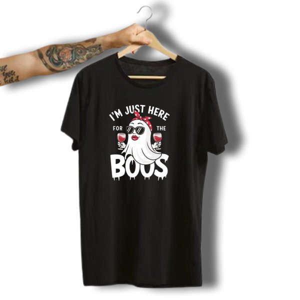 IM Just Here For The Boos Ghost With Sunglasses Wine Halloween T Shirt t shirt 1