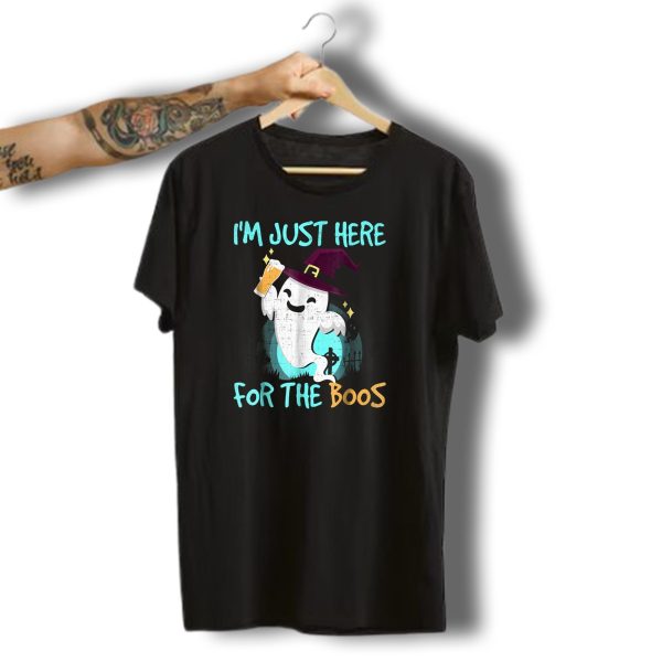 IM Just Here For The Boos Halloween Ghost With Witch Hat And Beer T Shirt t shirt 1