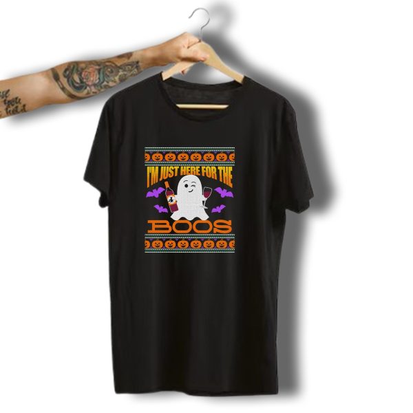 IM Just Here For The Boos Ugly Halloween Wine Ghost Pumpkins Bats T Shirt t shirt 1