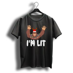I'm Lit Funny Bigfoot With Santa Hat And Christmas Lights T-Shirt