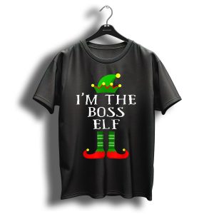 I'm The Boss Elf Christmas Humor Green Hat Striped Socks Red Shoes T-Shirt