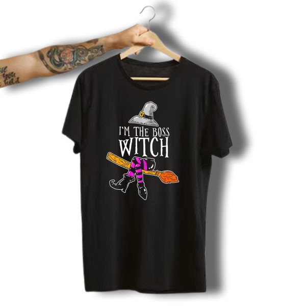 IM The Boss Witch Funny Halloween Hat Broomstick Boots Striped Socks T Shirt t shirt 1