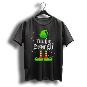 I'm The Doctor Elf Christmas Costume With Green Hat And Striped Socks T-Shirt