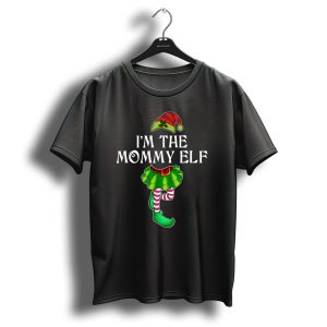 I'm The Mommy Elf Christmas Hat And Green Skirt With Striped Elf Shoes T-Shirt