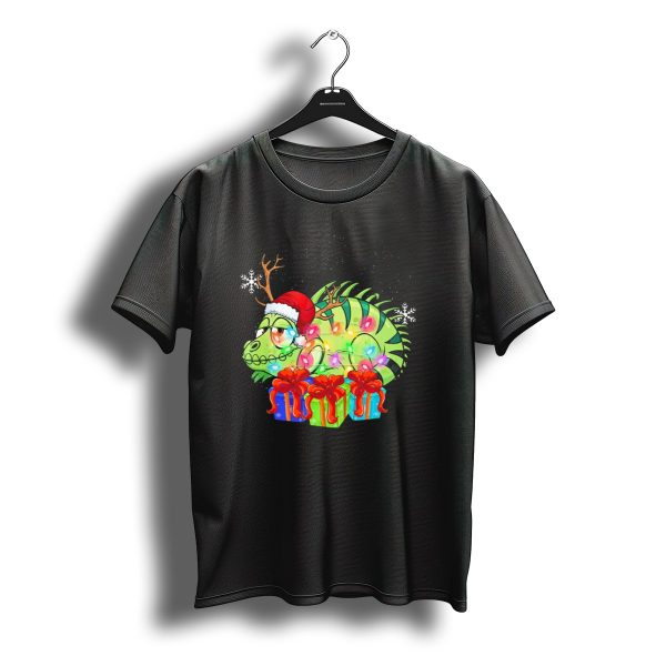 Iguana Reindeer Santa Hat Christmas Lights And Presents T Shirt t shirt 1