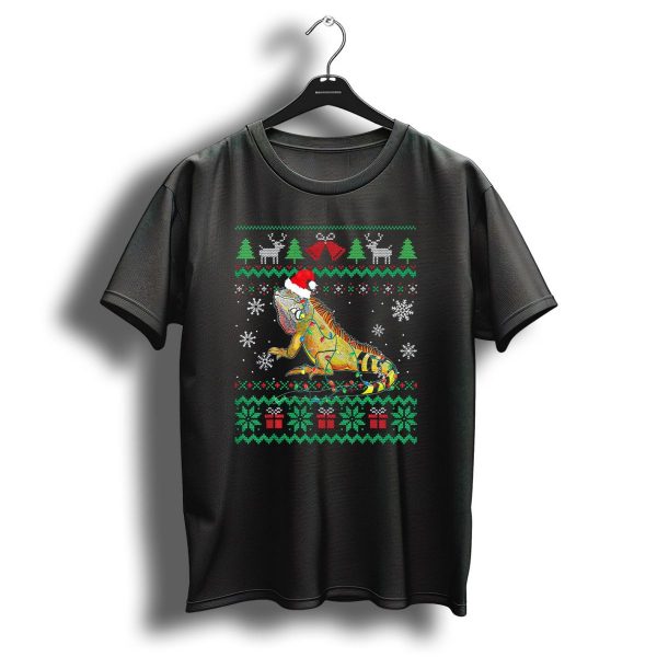 Iguana Wrapped In Christmas Lights And Santa Hat With Snowflakes And Gift Boxes T Shirt 1 t shirt 1