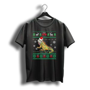Iguana Wrapped In Christmas Lights And Santa Hat With Snowflakes And Gift Boxes T-Shirt