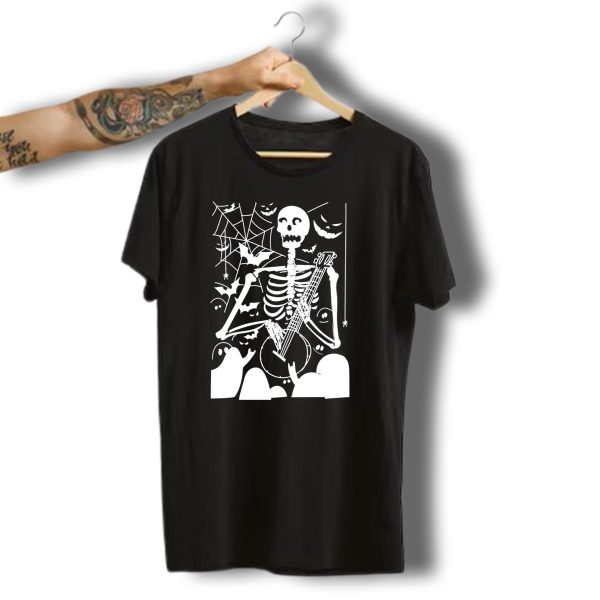Illustrative Halloween Skeleton Guitar Player With Ghosts And Bats T Shirt t shirt 1