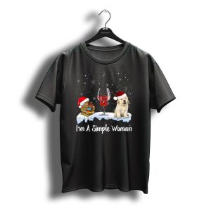 I'M A Simple Woman Books Wine Golden Retriever Christmas Snowflakes Santa Hat T-Shirt
