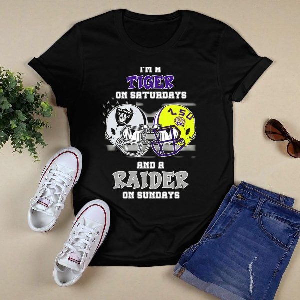 Im a Tiger on Saturdays and a Raider on Sundays LSU Raiders Helmet LSU T Shirt Black 1