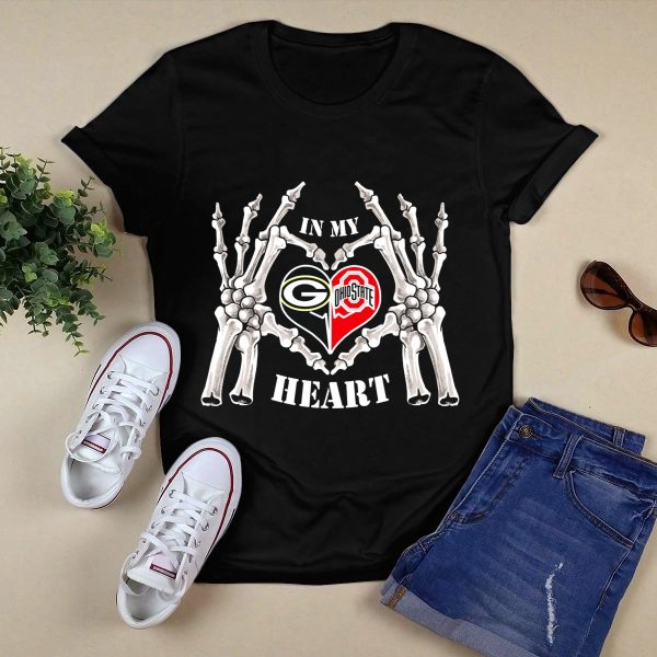 In My Heart Green Bay Packers Ohio State Buckeyes Bone Hands Heart T Shirt Black 1