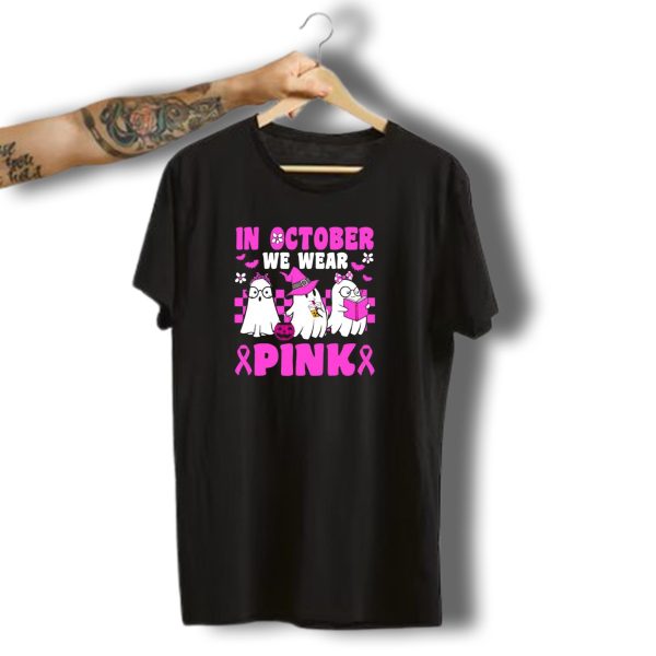 In October We Wear Pink Breast Cancer Awareness Groovy Ghosts Halloween T Shirt t shirt 1