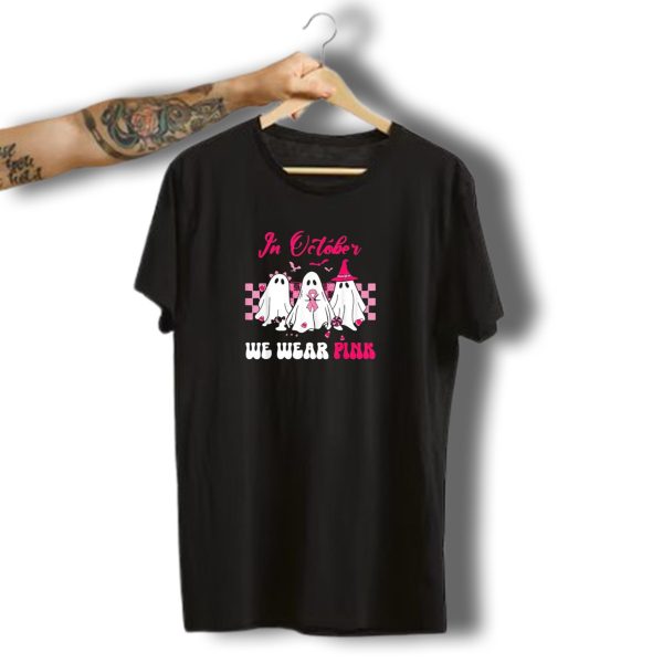 In October We Wear Pink Breast Cancer Ghost Halloween Groovy T Shirt t shirt 1