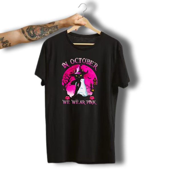 In October We Wear Pink Cat Halloween Pink Ribbon Moon Bats Jack OLanterns T Shirt t shirt 1