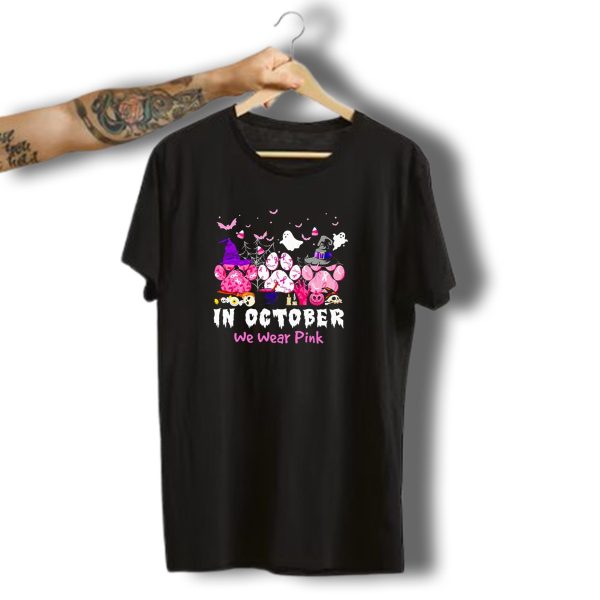 In October We Wear Pink Halloween Dog Paws Ghost Witch Hat T Shirt t shirt 1