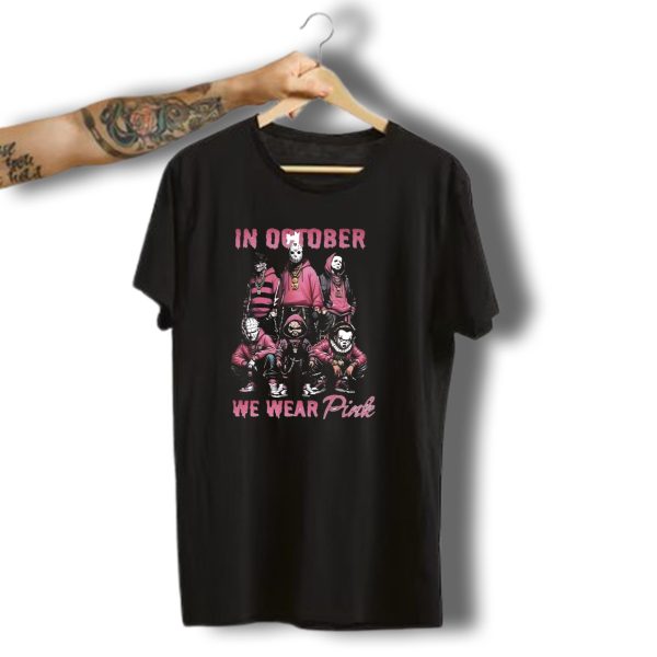 In October We Wear Pink Halloween Horror Characters T Shirt t shirt 1
