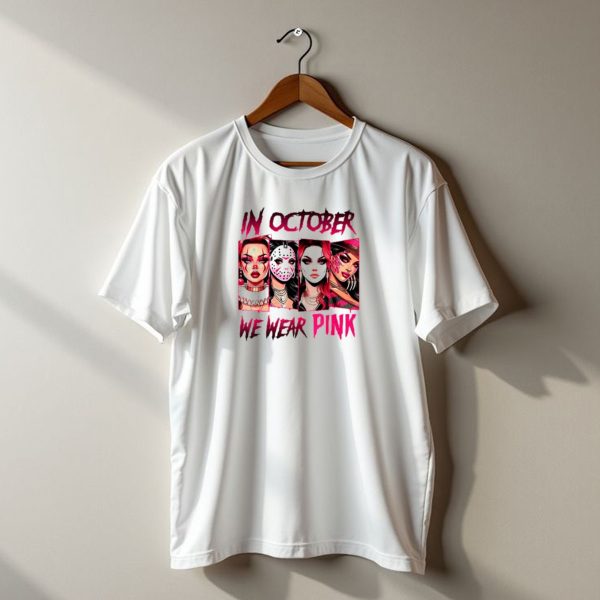 In October We Wear Pink Horror Girl Halloween Masked Characters T Shirt t shirt 1