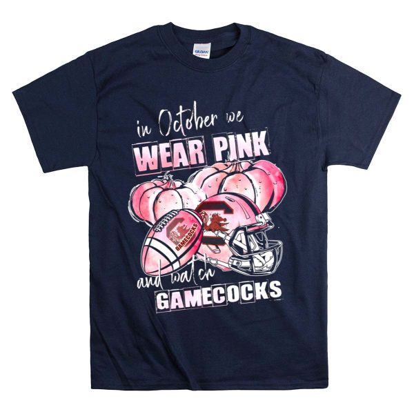 In October We Wear Pink and Watch Gamecocks South Carolina Football T Shirt 1 Navy
