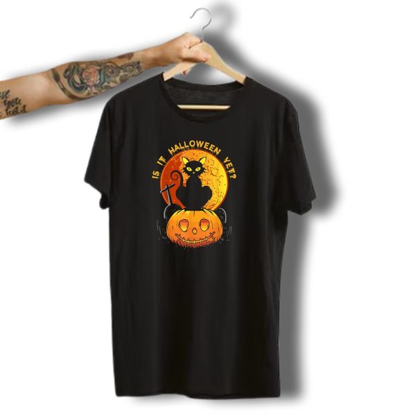 Is It Halloween Yet Funny Cat Pumpkin With Full Moon And Witchs Broom T Shirt t shirt 1