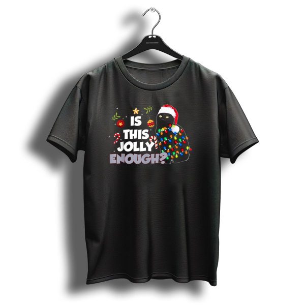 Is This Jolly Enough Cat Wrapped In Christmas Lights With Santa Hat And Candy Canes T Shirt 1 t shirt 1
