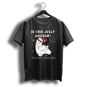 Is This Jolly Enough Llama Wrapped In Christmas Lights With Santa Hat T Shirt
