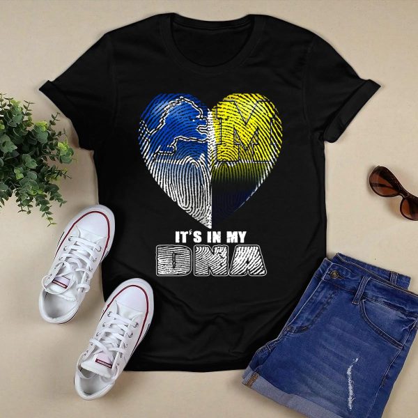 Its In My Dna Detroit Lions Michigan Wolverines Heart Fingerprint T Shirt Black 1