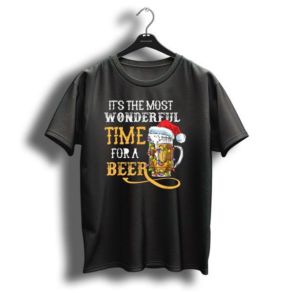 Its The Most Wonderful Time For A Beer With Santa Hat And Christmas Lights T Shirt 1 t shirt 1