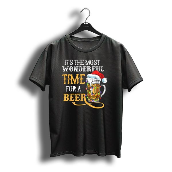 Its The Most Wonderful Time For A Beer With Santa Hat And Christmas Lights T Shirt t shirt 1