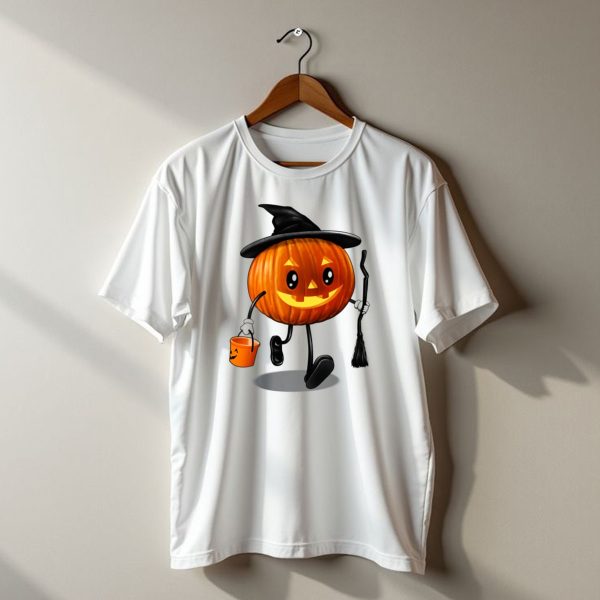 Jack O Treat Pumpkin Witch With Broom And Candy Bucket Halloween t shirt 1
