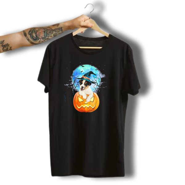 Jack Russell Puppy Witch Hat Blue Moon Haunted Halloween Pumpkin T Shirt t shirt 1