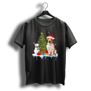 Jack Russell Santa Hat Wrapped In Christmas Lights With Tree And Snowman T Shirt