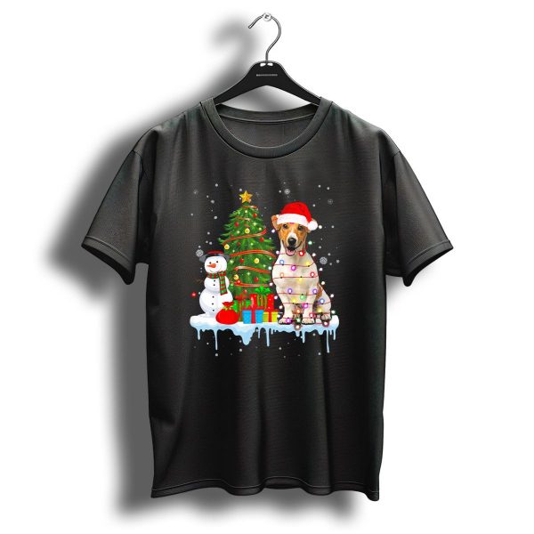 Jack Russell Santa Hat Wrapped In Christmas Lights With Tree And Snowman T Shirt 1 t shirt 1