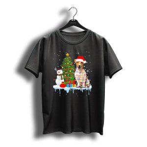Jack Russell Santa Hat Wrapped In Christmas Lights With Tree And Snowman T-Shirt
