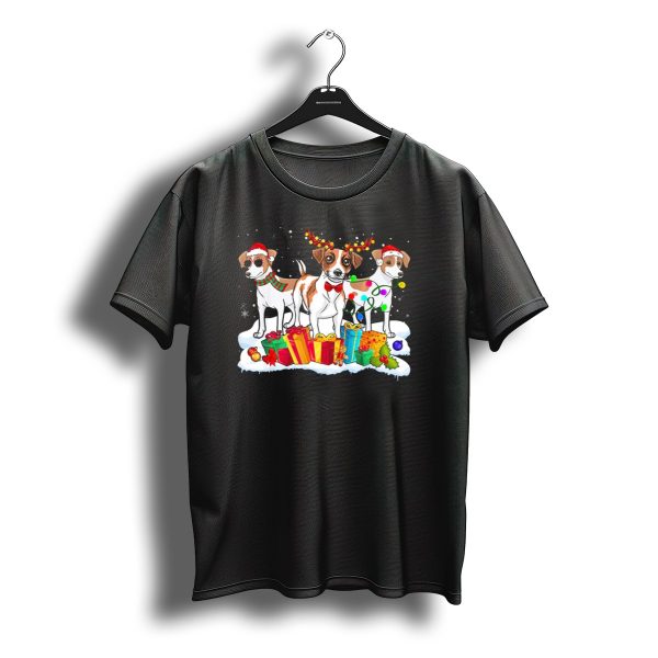 Jack Russell Terrier Christmas Santa Reindeer Presents Holiday Festive Lights T Shirt t shirt 1