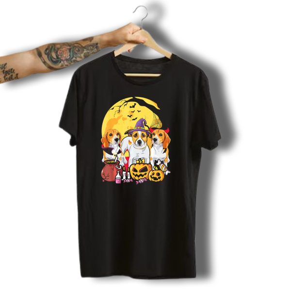 Jack Russell Terrier Halloween Witch And Ghost Trio With Pumpkins And Candy T Shirt t shirt 1