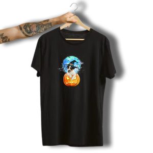 Jack Russell Terrier In Witch Hat With Pumpkin And Full Moon Halloween Scene T-Shirt