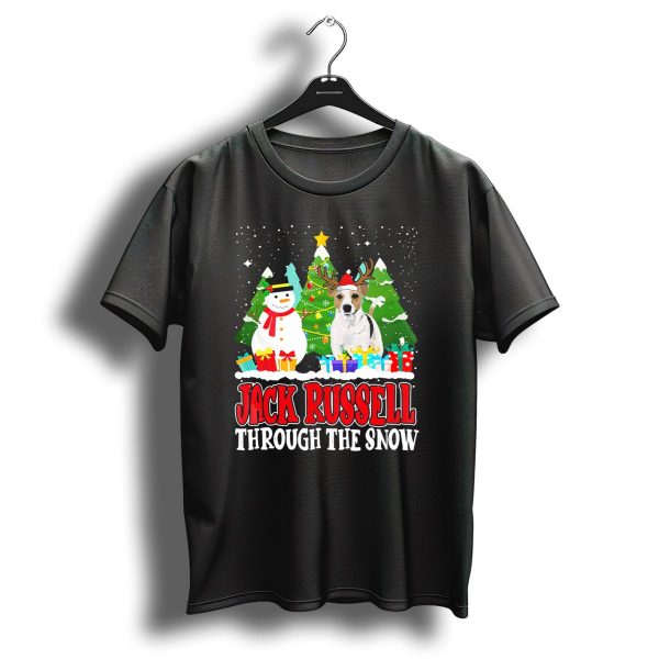 Jack Russell Through The Snow Christmas Reindeer Hat Snowman Trees Gifts T Shirt 1 t shirt 1