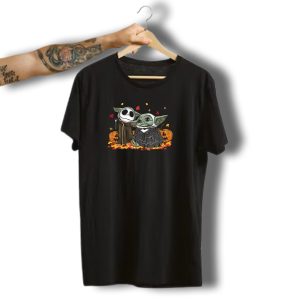 Jack Skellington And Baby Yoda Halloween Pumpkin Crossover T-Shirt