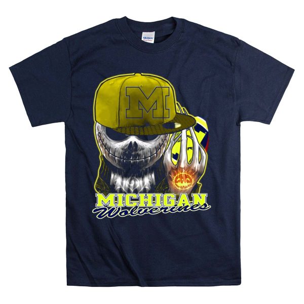 Jackskull Michigan Wolverines Halloween Skull with Wolverine Colors and Cap T Shirt Navy
