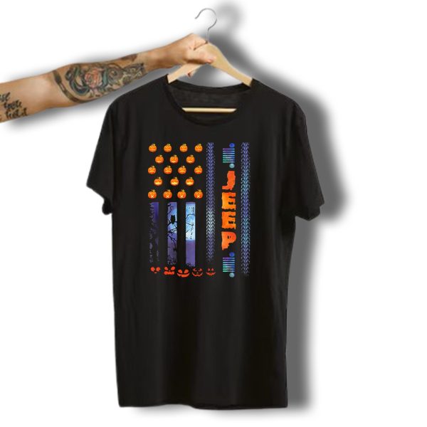 Jeep Halloween Pumpkin Usa Flag With Tire Tracks And Spooky Jack O Lanterns T Shirt t shirt 1
