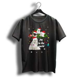 Joy To The World Christmas Cats With Santa Hats And Snowflakes T Shirt