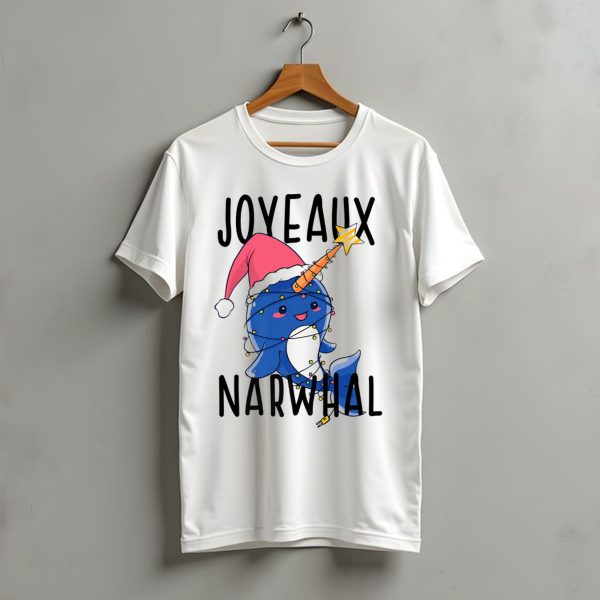Joyeaux Narwhal Christmas Santa Hat Lights Fun Pun Noel T Shirt t shirt 1
