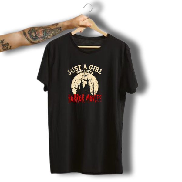 Just A Girl Who Loves Horror Movies Haunted House Halloween Moon Bats T Shirt t shirt 1