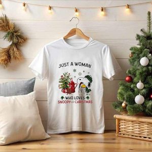 Just A Woman Who Loves Snoopy Hug Woodstock And Christmas T-Shirt