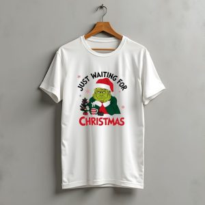 Just Waiting For Christmas Trump Grinchmas Santa Hat Snowflakes Tree Hot Cocoa T-Shirt
